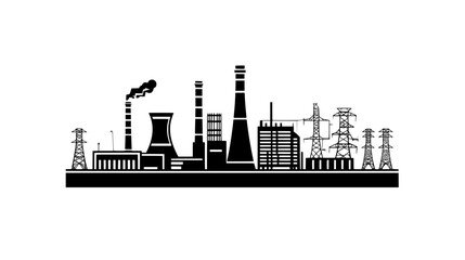 Obraz premium Large power plant facility with cooling towers, transmission lines, and administrative buildings, vector illustration art