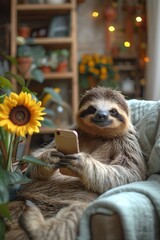 Fototapeta premium Sloth at a desk, holding a smartphone, cozy office setting, focused expression