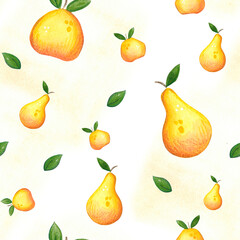 Seamless pattern of individual apples and pears. Watercolor illustration, hand drawn in childish style. Drawing for printing on fabric, wrapping paper. fruit, apple, pear, natural, sweetness, sweet
