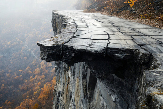 cracked and weathered road dangerously extends over the edge of a steep cliff creating a dramatic and unsettling scene with a misty background