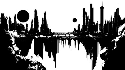 Obraz premium Sprawling complex with narrow towers and bridges over chasms, vector illustration art