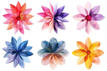A collection of six colorful paper flowers in different shapes and sizes
