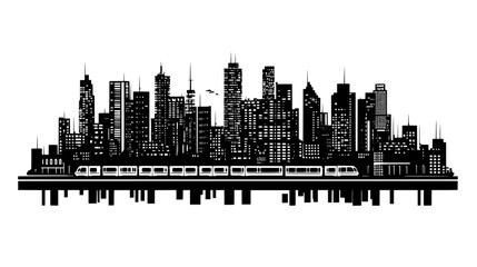 Fototapeta premium Sprawling urban landscape with densely packed buildings, central business district, and train network, vector illustration art