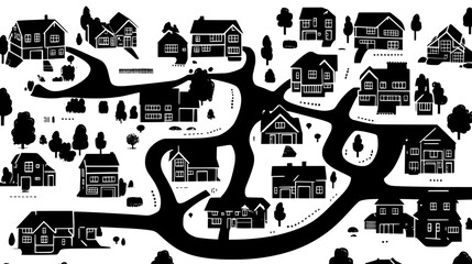 Suburban neighborhood with multiple houses, driveways, and uniform street layout, vector illustration art