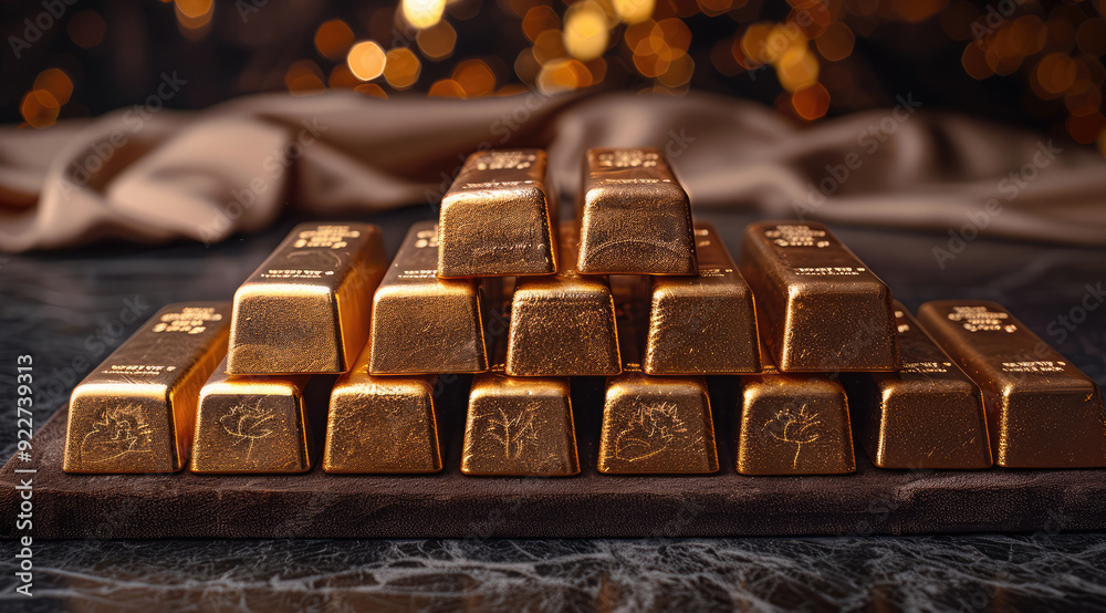 Aufkleber A set of gold bars of varying sizes displayed on a dark velvet background with spotlighting. Generative AI.