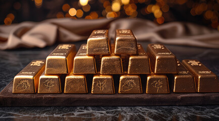 A set of gold bars of varying sizes displayed on a dark velvet background with spotlighting. Generative AI.
