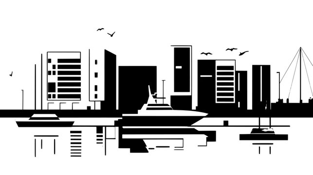 Waterfront marina complex with modern buildings and docking areas, vector illustration art