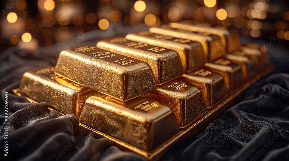 Poster A set of gold bars of varying sizes displayed on a dark velvet background with spotlighting. Generative AI.