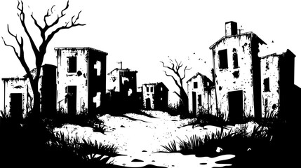 Abandoned village with crumbling buildings, empty streets, and nature reclaiming the area, vector illustration art