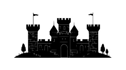 Obraz premium Ancient stone castle with crenellated walls and turrets, surrounded by a dry moat and forest, vector illustration art