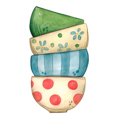 Stack of cups on a white isolated background. Watercolor illustration in children's style, hand-drawn. Drawing for cards, stickers. Cup, plate, kitchen, dishes