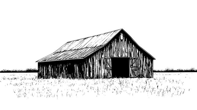 Old wooden barn with weathered siding, positioned next to a vast, open field, vector illustration art