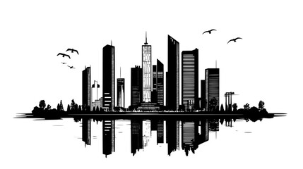 Obraz premium Modern skyscrapers dominating skyline with river running through, vector illustration art