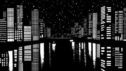 Cityscape at night showing buildings with illuminated windows, a visible bridge, and a calm river, vector illustration art