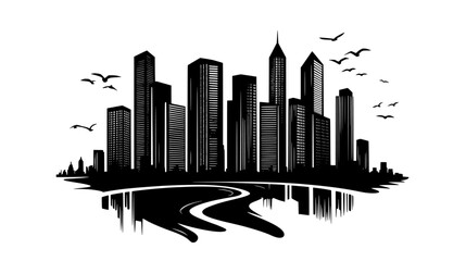 Modern skyscrapers dominating skyline with river running through, vector illustration art