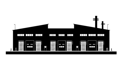 Cluster of production buildings with large sliding doors and control panels, vector illustration art