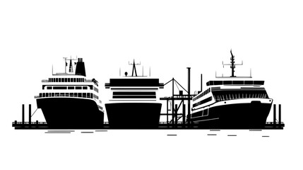 Obraz premium Ferries docked at multiple piers within the ferry terminal, vector illustration art