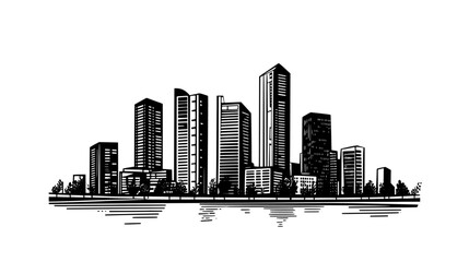 Fototapeta premium Group of tall buildings, including a prominent tower, with streets and a river in the foreground, vector illustration art