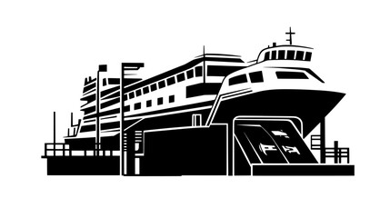 Obraz premium Loading ramps extended from the terminal onto waiting ferries, vector illustration art