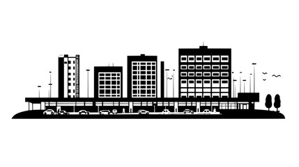 Main hospital building with distinct wings, connected by covered walkways, vector illustration art