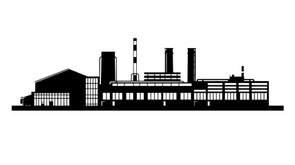 Obraz premium Manufacturing plant with assembly lines visible through large windows and a series of auxiliary buildings, vector illustration art