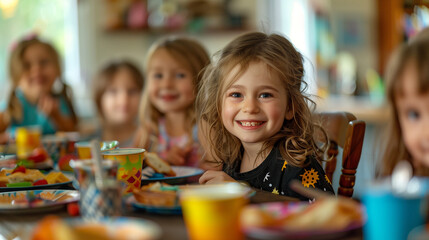 Young girl in party hat smiling at a birthday celebration.