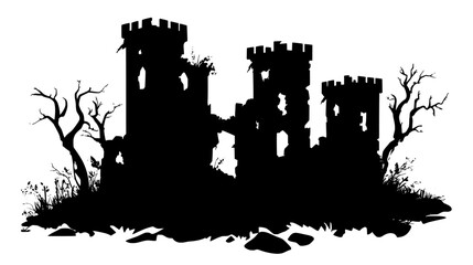 Obraz premium Ruined castle with partially collapsed towers and walls, surrounded by overgrown grounds, vector illustration art