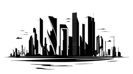 Glass-covered skyscrapers towering over cityscape and river, vector illustration art