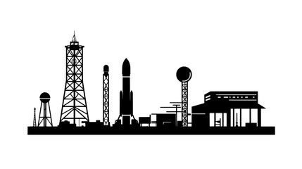 Spaceport with a launch pad, control tower, fueling station, and support structures on an open field, vector illustration art