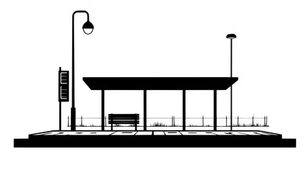 Fototapeta premium Tram stop with rail tracks, platform, small shelter, timetable display, and lighting pole on a sunny day, vector illustration art