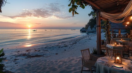 A beach at the last hour of the afternoon, viewed from the terrace of a beachfront restaurant. The setting should have a dreamy and paradisiacal ambiance. Several tables are set for dinner.