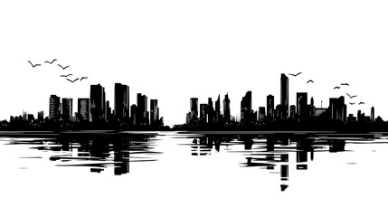 Fototapeta premium Cityscape view with tall buildings, major waterway, and skyline, vector illustration art