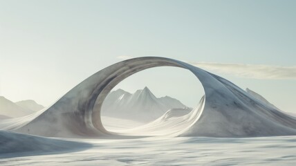 Surreal Beautiful Dream land background. Abstract Dune in winter season landscape with geometric arch.  Escapism minimal atmospheric illustration. Christmas mood 3d render. Glass, mirror, wate and ice