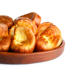 Plate with tasty Yorkshire pudding isolated on white background