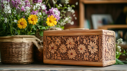 The centerpiece of the table is a handcrafted wooden box, richly decorated with plant motifs. It is accompanied by a vase full of fresh flowers.