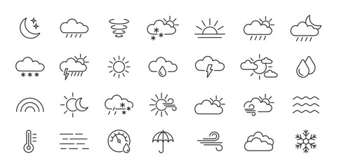 Weather line icons set. Sunny, rain, cloudy, windy, snowing. Vector