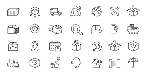 Shipping and delivery icons set. Logistics line icons. Vector