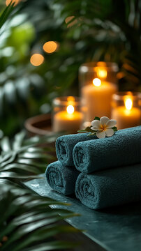 vertical aligned calm wellness mobile advertising banner image, spa massage treatment background with aromatic candles and towel roll near a hotel pool