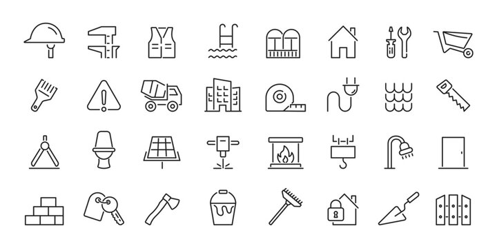 Build icon set. Construction element. Crane, tools, worker, crane, excavator, building, plan. Vector