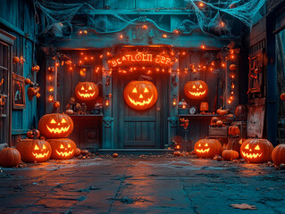 Obraz premium Central empty 3D podium, with Jack-o'-lanterns and a witch's broom leaning against it. Spiders and cobwebs cover the surroundings, with bats flying in the background and candy scattered on the floor.