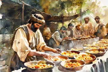 A person providing meals to a gathering of individuals, suitable for use in illustrations related to community, sharing, and social events