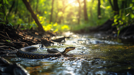 Fototapeta premium Close-up shot of a snake gliding through shallow water in a forest stream, with a beautiful, sunny forest backdrop in the background.