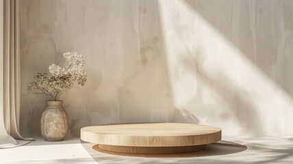 Pastel shades wooden podium abstract scene. Empty stage minimalistic boho design background. Stand product showcase on beige background.