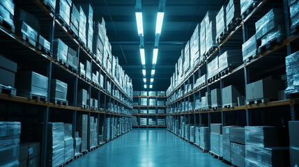 Fototapeta premium Spacious interior of the warehouse with neatly arranged shelves holding various boxes.