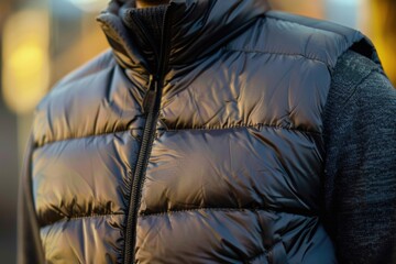 A person dressed in a black puffy vest and hat, suitable for winter or outdoor activities