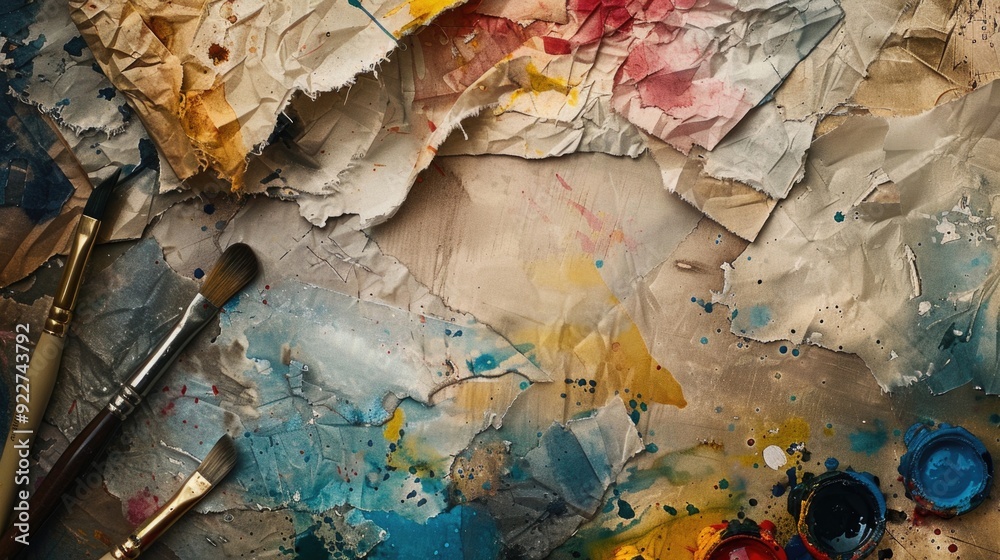 Poster close-up of paintbrushes and paints on a piece of paper, ideal for art or design projects