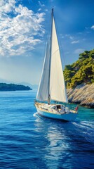 Fototapeta premium Sailing Serenity: A Majestic Sailing Yacht Glides Over Crystal Clear Waters with an Island and Azure Skies in the Background.