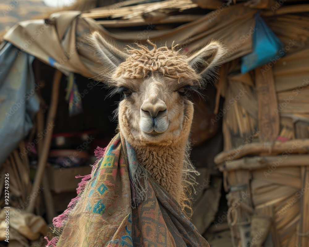 Poster A llama wrapped in a colorful blanket looks directly at the camera. AI.