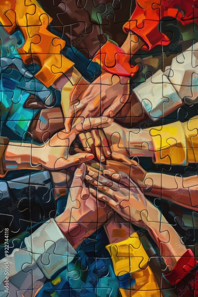 Poster Group of people forming a human chain with linked hands, concept of unity and cooperation