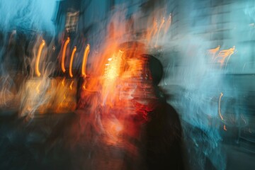 A person walking down a street, partially blurred